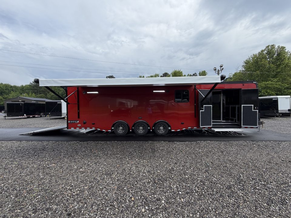 New 2026 Haulmark 34 Bathoom Race Trailer, Sliding Rear Glass Doors, Air Prep PKG, Awning, 2 A/C, Polycor, Insulated, Window, 54" ALX Slide Out Step, A/C + Heat