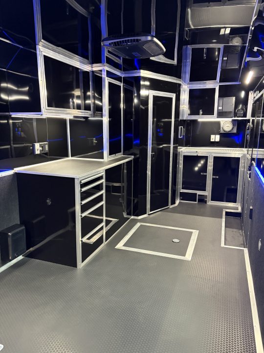 New 2026 Haulmark 34 Bathoom Race Trailer, Sliding Rear Glass Doors, Air Prep PKG, Awning, 2 A/C, Polycor, Insulated, Window, 54" ALX Slide Out Step, A/C + Heat