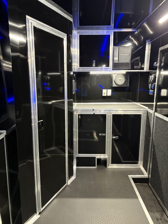 New 2026 Haulmark 34 Bathoom Race Trailer, Sliding Rear Glass Doors, Air Prep PKG, Awning, 2 A/C, Polycor, Insulated, Window, 54" ALX Slide Out Step, A/C + Heat