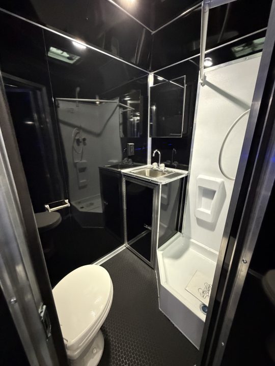 New 2026 Haulmark 34 Bathoom Race Trailer, Sliding Rear Glass Doors, Air Prep PKG, Awning, 2 A/C, Polycor, Insulated, Window, 54" ALX Slide Out Step, A/C + Heat