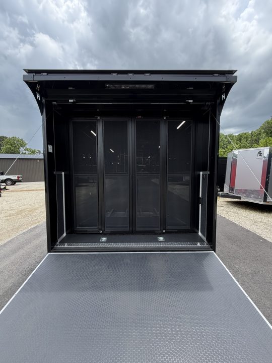 New 2026 Haulmark 34 Bathoom Race Trailer, Sliding Rear Glass Doors, Air Prep PKG, Awning, 2 A/C, Polycor, Insulated, Window, 54" ALX Slide Out Step, A/C + Heat