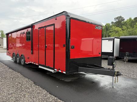 New 2026 Haulmark 34 Bathoom Race Trailer, Sliding Rear Glass Doors, Air Prep PKG, Awning, 2 A/C, Polycor, Insulated, Window, 54  ALX Slide Out Step, A/C + Heat