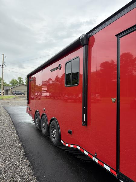 New 2026 Haulmark 34 Bathoom Race Trailer, Sliding Rear Glass Doors, Air Prep PKG, Awning, 2 A/C, Polycor, Insulated, Window, 54" ALX Slide Out Step, A/C + Heat