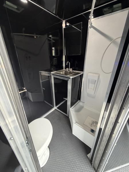 New 2026 Haulmark 34 Bathoom Race Trailer, Sliding Rear Glass Doors, Air Prep PKG, Awning, 2 A/C, Polycor, Insulated, Window, 54" ALX Slide Out Step, A/C + Heat
