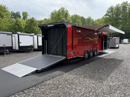 New 2026 Haulmark 34 Bathoom Race Trailer, Sliding Rear Glass Doors, Air Prep PKG, Awning, 2 A/C, Polycor, Insulated, Window, 54" ALX Slide Out Step, A/C + Heat