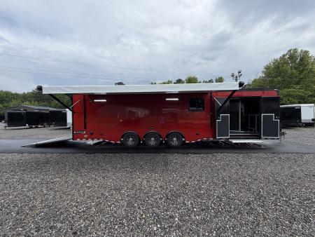 New 2026 Haulmark 34 Bathoom Race Trailer, Sliding Rear Glass Doors, Air Prep PKG, Awning, 2 A/C, Polycor, Insulated, Window, 54" ALX Slide Out Step, A/C + Heat