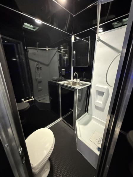 New 2026 Haulmark 34 Bathoom Race Trailer, Sliding Rear Glass Doors, Air Prep PKG, Awning, 2 A/C, Polycor, Insulated, Window, 54" ALX Slide Out Step, A/C + Heat