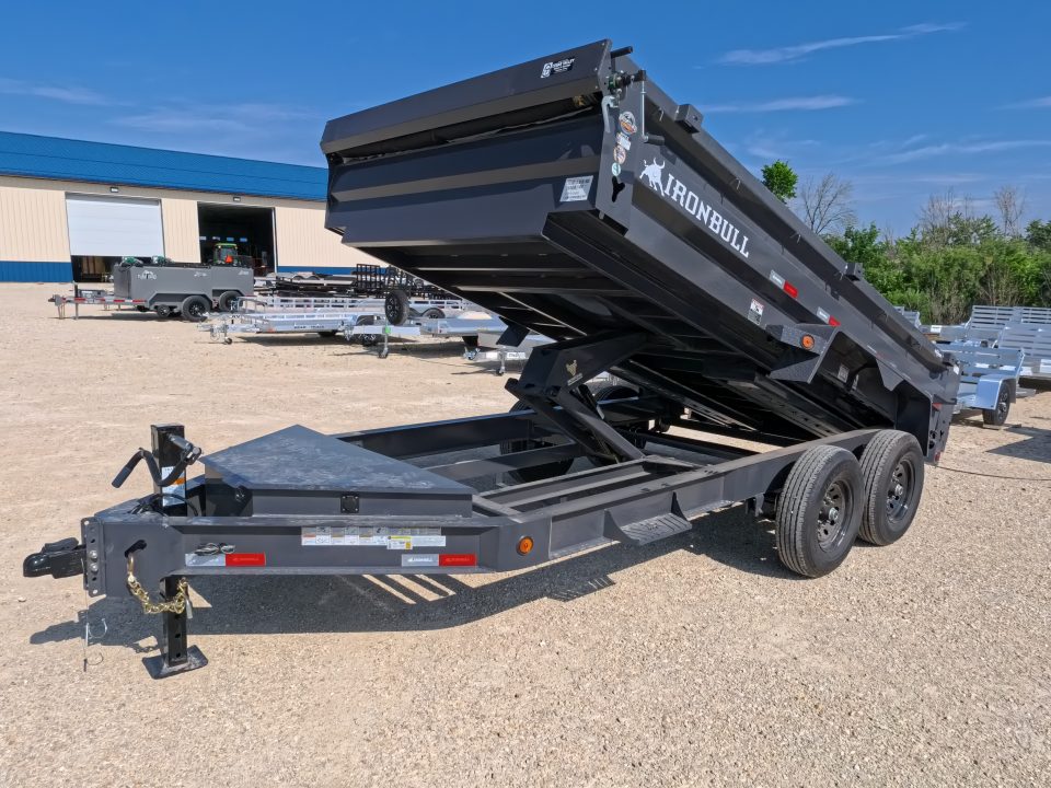 New 2026 Iron Bull 83 x 14 DWB Dump Trailer with 2) 7K GVWR Straight Axles and 2) Fwd. Adj. Electric Brakes, Slide-In Aluminum Ramps and 10 Ply Tires