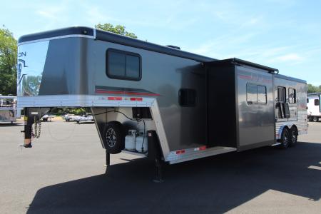 Used 2023 Bison Silverado 8313 w/Slide Out - Couch & Dinette - Horse Fans & Camera - Ramp - Lined & Insulated - Drop Windows on Tail side - 3 Horse Living Quarters Trailer