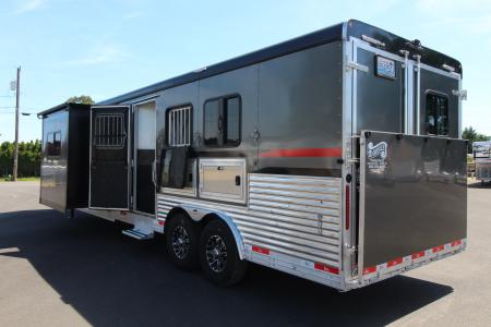 Used 2023 Bison Silverado 8313 w/Slide Out - Couch & Dinette - Horse Fans & Camera - Ramp - Lined & Insulated - Drop Windows on Tail side - 3 Horse Living Quarters Trailer