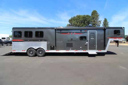 Used 2023 Bison Silverado 8313 w/Slide Out - Couch & Dinette - Horse Fans & Camera - Ramp - Lined & Insulated - Drop Windows on Tail side - 3 Horse Living Quarters Trailer
