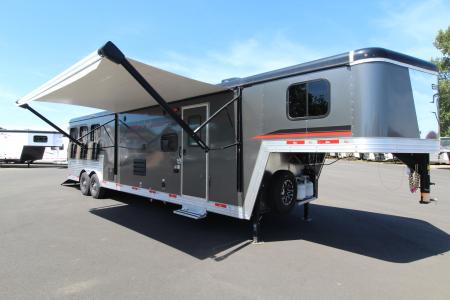 Used 2023 Bison Silverado 8313 w/Slide Out - Couch & Dinette - Horse Fans & Camera - Ramp - Lined & Insulated - Drop Windows on Tail side - 3 Horse Living Quarters Trailer