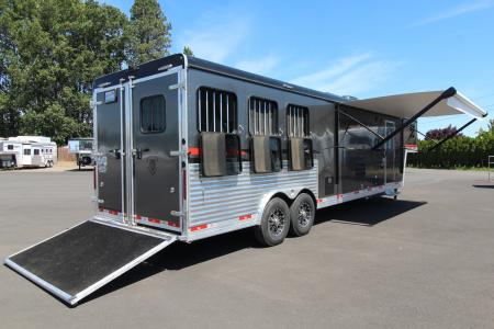 Used 2023 Bison Silverado 8313 w/Slide Out - Couch & Dinette - Horse Fans & Camera - Ramp - Lined & Insulated - Drop Windows on Tail side - 3 Horse Living Quarters Trailer