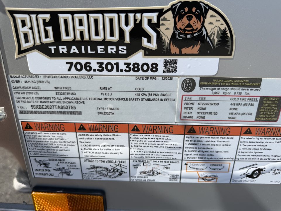 New 2026 Spartan Cargo 8.5x20 Enclosed Trailer, Pro-Series, Preferred Package, 10K GVWR, Polycor, 7' Interior, 4" Tube Cross Members