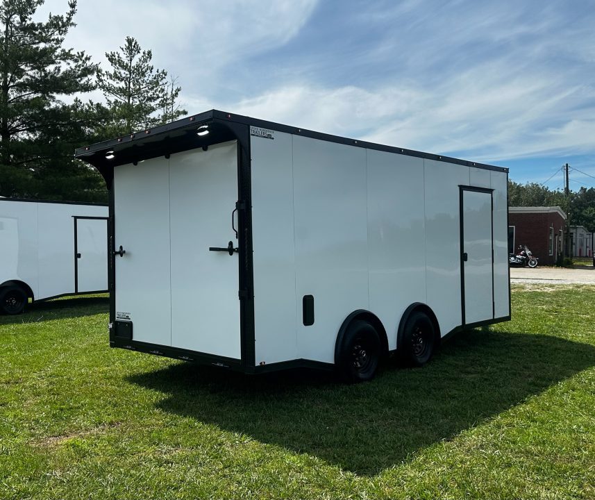 New 2026 Luxe 8.5X18 Race Trailer - Finished Interior-5200LB Torsion Axle-White Poly-Blackout