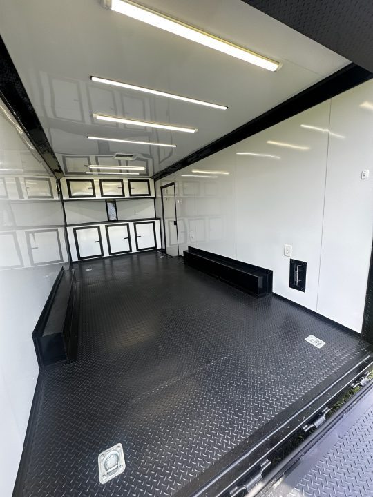 New 2026 Luxe 8.5X18 Race Trailer - Finished Interior-5200LB Torsion Axle-White Poly-Blackout