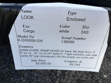 New 2026 Look Trailers 5X8 , 2,990 GVWR Cargo / Enclosed Trailer