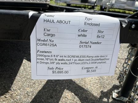 New 2026 Haul About Trailers Cougar Model CGR6X12 DOUBLE DOORS ON BACK , 2,990 lb. GVWR Cargo / Enclosed Trailer