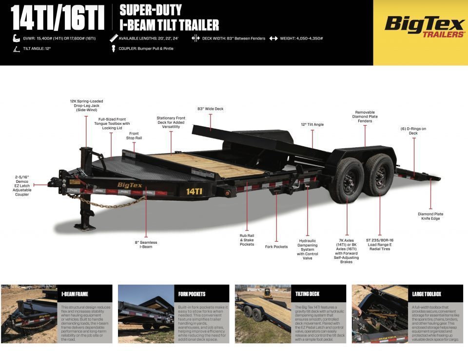 New 2026 Big Tex 14TI Tilt Trailer 20’ LARGE TOOL BOX FORK HOLDERS 15.4K G.V.W.R.