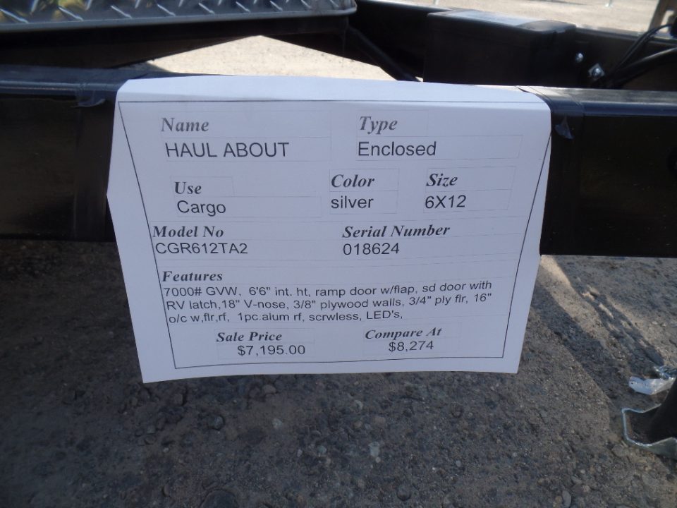 New 2027 Haul About Trailers 6'X12' Tandem Axle V Nose ,7,000 lb. GVWR Cargo / Enclosed Trailer