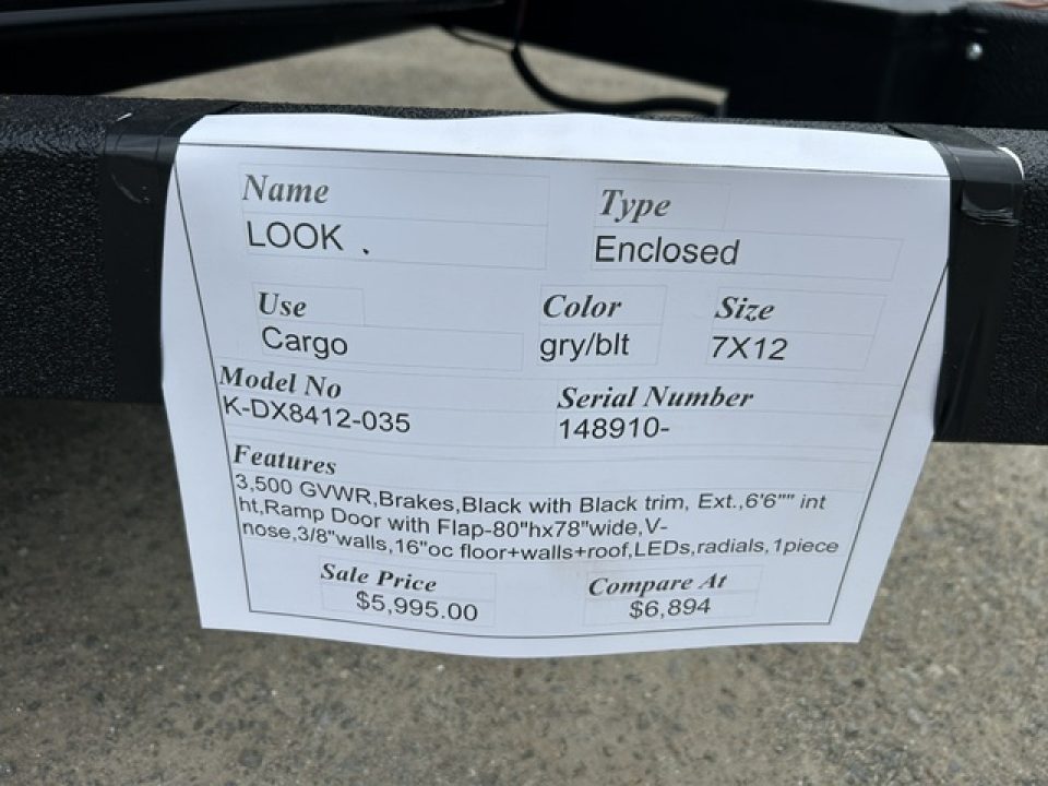 New 2026 Look Trailers 7 X 12 ft. Enclosed 3,500 lb. GVWR with Brakes Cargo / Enclosed Trailer