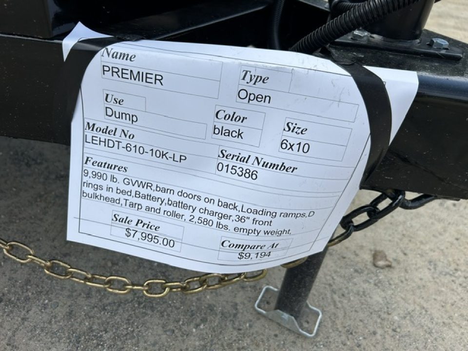 New 2026 Premier Trailers Inc. 6 X 10 , 9,990 lb. GVWR Dump Trailer