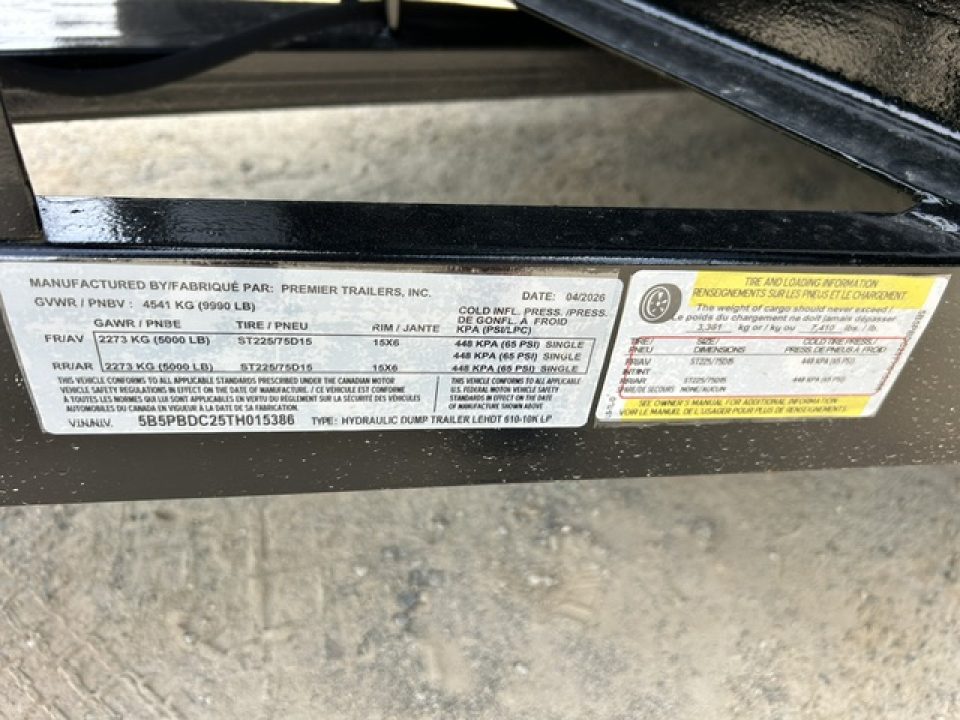New 2026 Premier Trailers Inc. 6 X 10 , 9,990 lb. GVWR Dump Trailer
