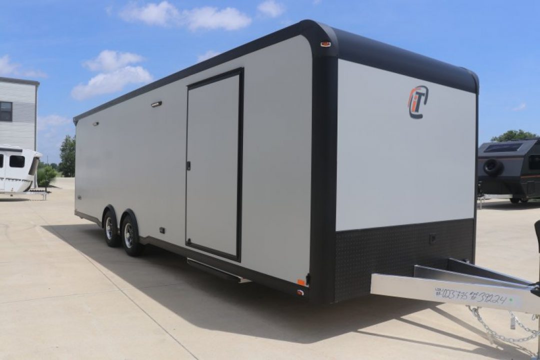 New In-Tech Lite 8.5x28 Race Trailer-10K Sportsman Gray W/ Black Trim- Tool Drawers, Extension Flap, Black Interior Trim, and Black Exterior Trim