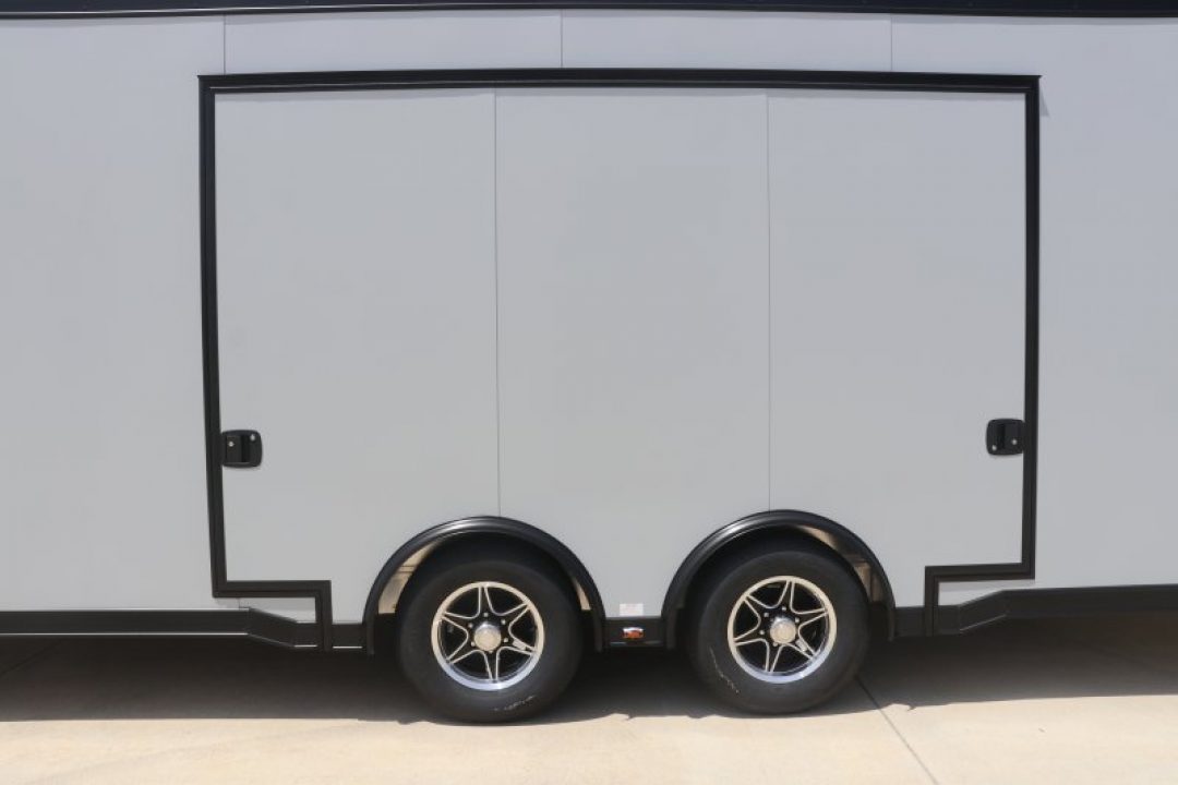 New In-Tech Lite 8.5x28 Race Trailer-10K Sportsman Gray W/ Black Trim- Tool Drawers, Extension Flap, Black Interior Trim, and Black Exterior Trim
