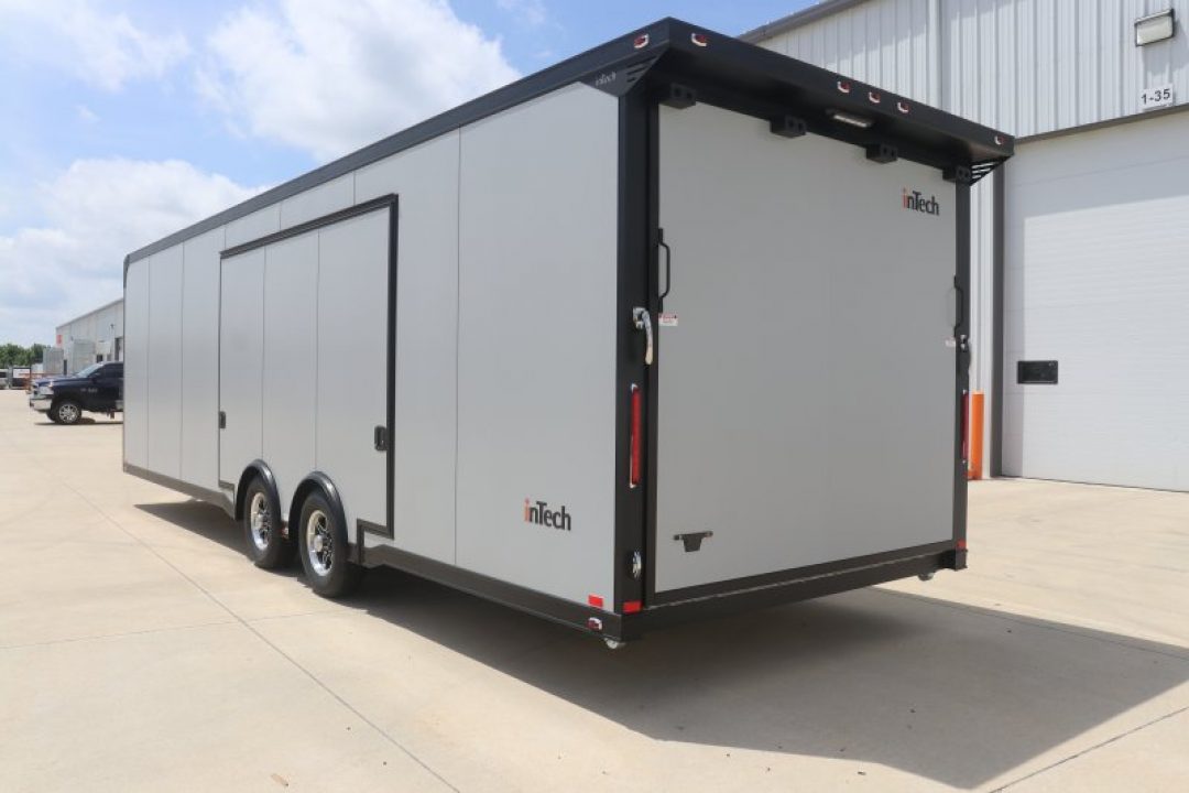 New In-Tech Lite 8.5x28 Race Trailer-10K Sportsman Gray W/ Black Trim- Tool Drawers, Extension Flap, Black Interior Trim, and Black Exterior Trim