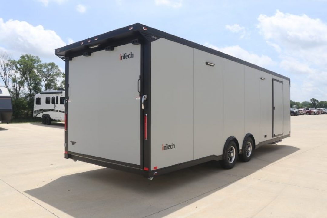 New In-Tech Lite 8.5x28 Race Trailer-10K Sportsman Gray W/ Black Trim- Tool Drawers, Extension Flap, Black Interior Trim, and Black Exterior Trim