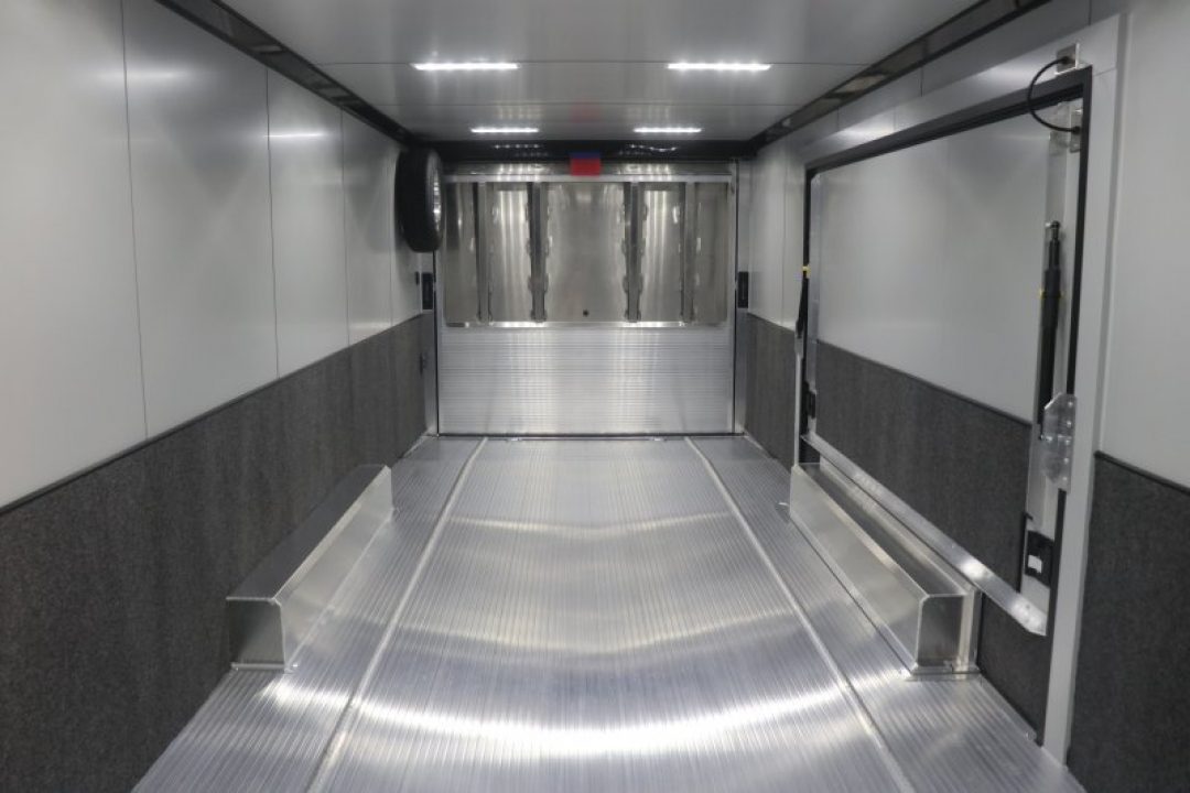 New In-Tech Lite 8.5x28 Race Trailer-10K Sportsman Gray W/ Black Trim- Tool Drawers, Extension Flap, Black Interior Trim, and Black Exterior Trim