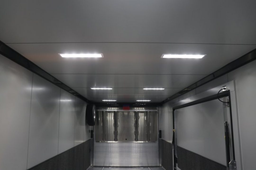 New In-Tech Lite 8.5x28 Race Trailer-10K Sportsman Gray W/ Black Trim- Tool Drawers, Extension Flap, Black Interior Trim, and Black Exterior Trim