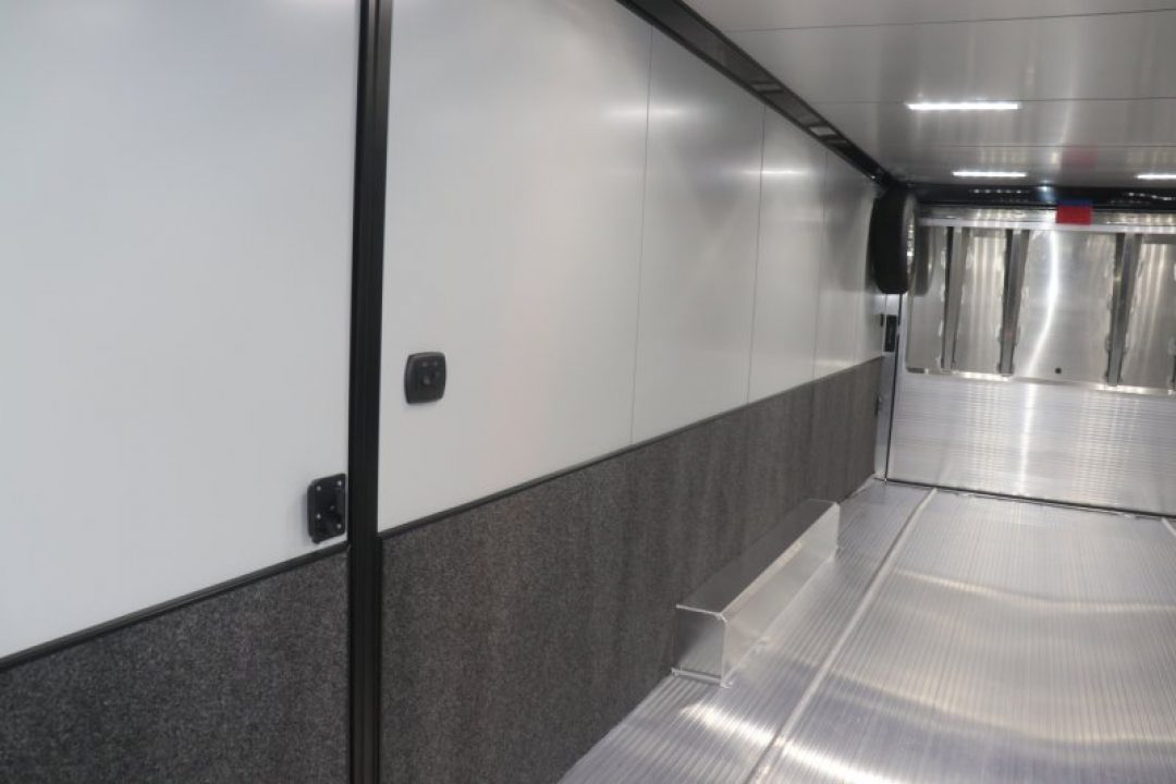 New In-Tech Lite 8.5x28 Race Trailer-10K Sportsman Gray W/ Black Trim- Tool Drawers, Extension Flap, Black Interior Trim, and Black Exterior Trim