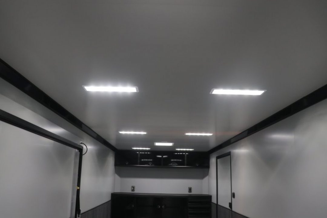 New In-Tech Lite 8.5x28 Race Trailer-10K Sportsman Gray W/ Black Trim- Tool Drawers, Extension Flap, Black Interior Trim, and Black Exterior Trim