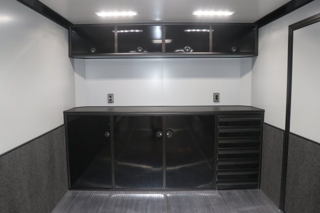New In-Tech Lite 8.5x28 Race Trailer-10K Sportsman Gray W/ Black Trim- Tool Drawers, Extension Flap, Black Interior Trim, and Black Exterior Trim