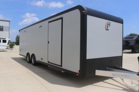 New In-Tech Lite 8.5x28 Race Trailer-10K Sportsman Gray W/ Black Trim- Tool Drawers, Extension Flap, Black Interior Trim, and Black Exterior Trim