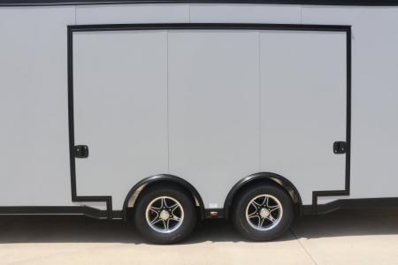 New In-Tech Lite 8.5x28 Race Trailer-10K Sportsman Gray W/ Black Trim- Tool Drawers, Extension Flap, Black Interior Trim, and Black Exterior Trim