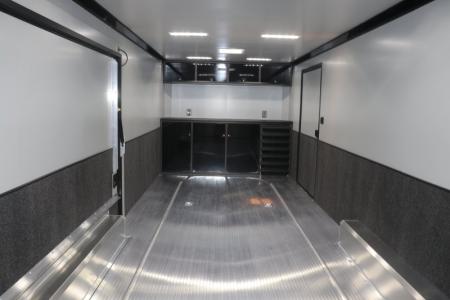 New In-Tech Lite 8.5x28 Race Trailer-10K Sportsman Gray W/ Black Trim- Tool Drawers, Extension Flap, Black Interior Trim, and Black Exterior Trim