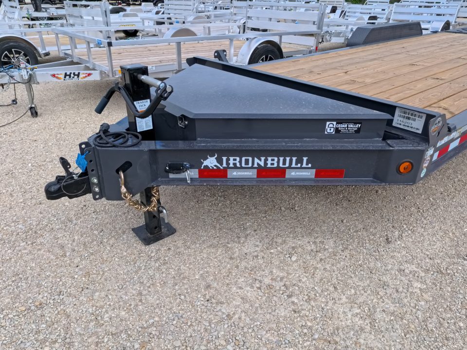 New 2027 Iron Bull 83x20 EWB Equipment Trailer 2)7K Straight Axles, Electric Brakes F-Adj., 3' Self Cleaning Dove Tail w/Rampage Ramps, Adj. 2 5/16" Coupler, LRE 10 Ply Tires