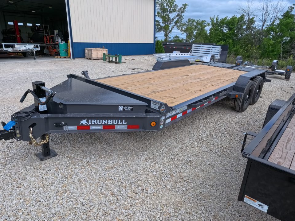 New 2027 Iron Bull 83x20 EWB Equipment Trailer 2)7K Straight Axles, Electric Brakes F-Adj., 3' Self Cleaning Dove Tail w/Rampage Ramps, Adj. 2 5/16" Coupler, LRE 10 Ply Tires, Removeable Fenders