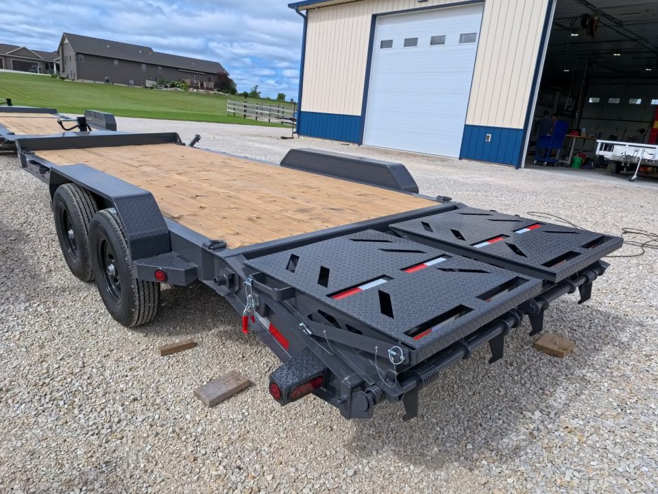 New 2027 Iron Bull 83x20 EWB Equipment Trailer 2)7K Straight Axles, Electric Brakes F-Adj., 3' Self Cleaning Dove Tail w/Rampage Ramps, Adj. 2 5/16" Coupler, LRE 10 Ply Tires, Removeable Fenders
