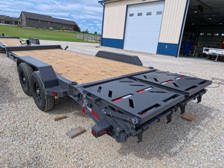 New 2027 Iron Bull 83x20 EWB Equipment Trailer 2)7K Straight Axles, Electric Brakes F-Adj., 3' Self Cleaning Dove Tail w/Rampage Ramps, Adj. 2 5/16" Coupler, LRE 10 Ply Tires, Removeable Fenders
