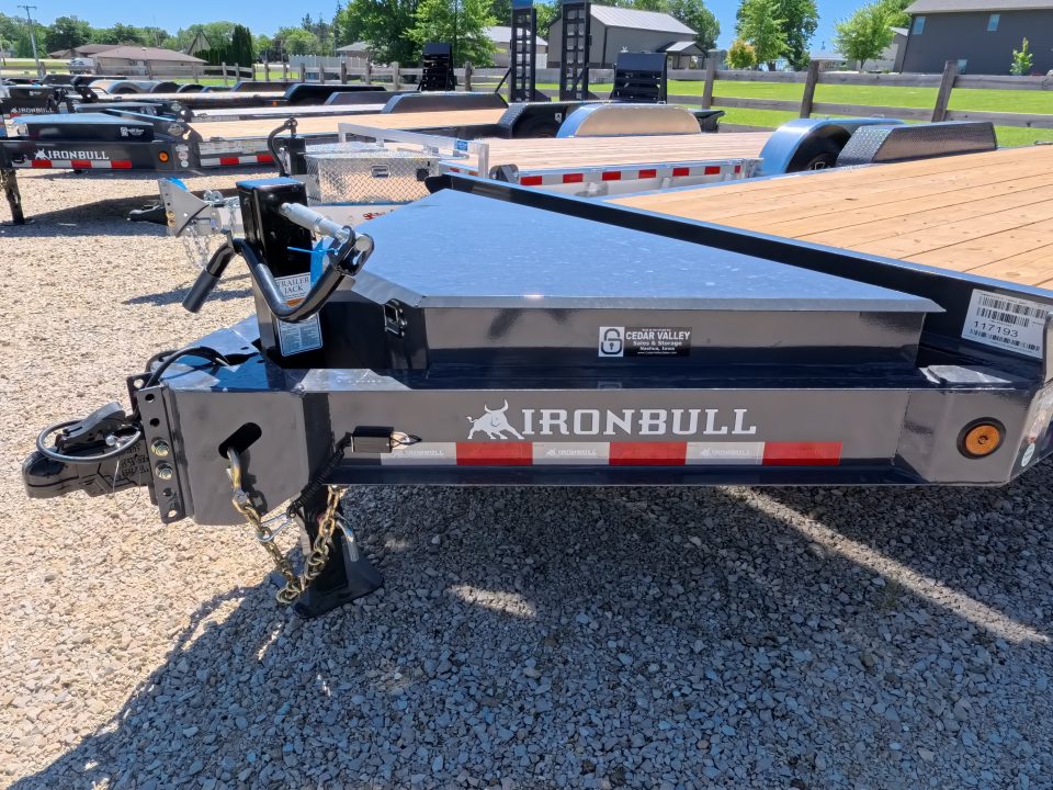 New 2027 Iron Bull 83 x 22 EWB Equipment Trailer with 2) 7K Straight Axles, Electric Brakes, 3' Self Cleaning Dove Tail with Rampage Ramps, Removeable Fenders and More!