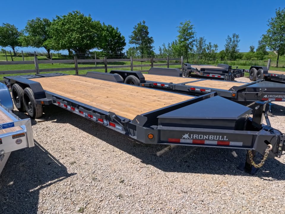 New 2027 Iron Bull 83 x 22 EWB Equipment Trailer with 2) 7K Straight Axles, Electric Brakes, 3' Self Cleaning Dove Tail with Rampage Ramps, Removeable Fenders and More!