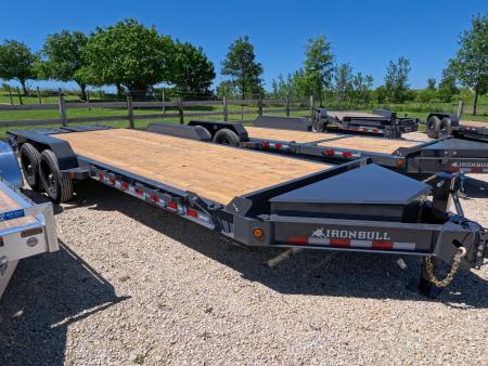 New 2027 Iron Bull 83 x 22 EWB Equipment Trailer with 2) 7K Straight Axles, Electric Brakes, 3' Self Cleaning Dove Tail with Rampage Ramps, Removeable Fenders and More!