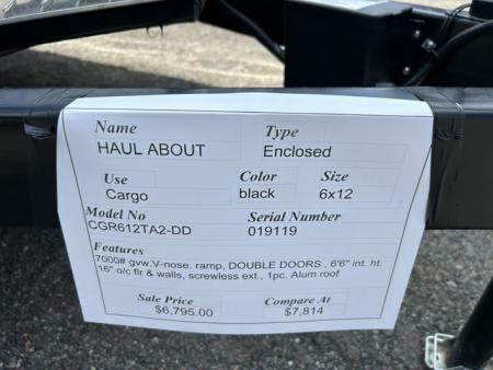 New 2026 Haul About Trailers 6X12 V Nose, Double Doors, Tandem Axle Cargo / Enclosed Trailer