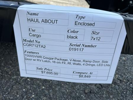 New 2026 Haul About Trailers 7' X 12' V nose tandem axle 7,000 lb. GVWR Cargo / Enclosed Trailer