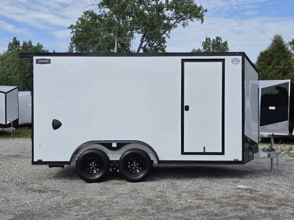 New 7.5 X 14 CARGO ENCLOSED TANDEM AXLE ALL ALUMINUM LIGHTNING 2027 REAR RAMP DOOR