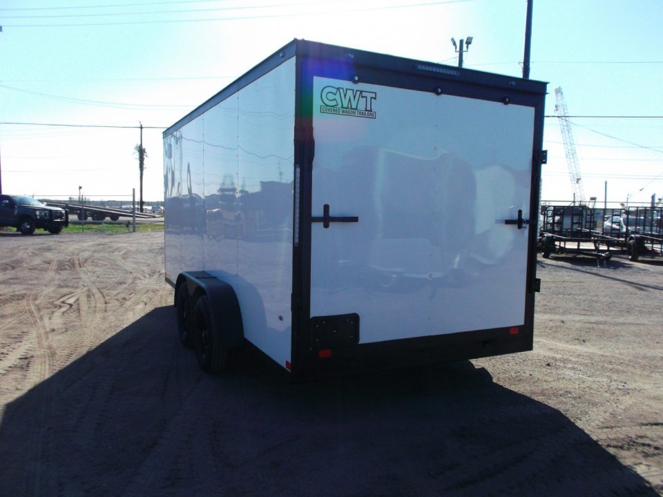 New 2026 Covered Wagon Trailers 7x16 Cargo Trailer / Enclosed Trailer / 6'6" Interior / Extra Wide Ramp / 48" RV Door / .030 White Semi-Screwless Exterior / Black Out Package